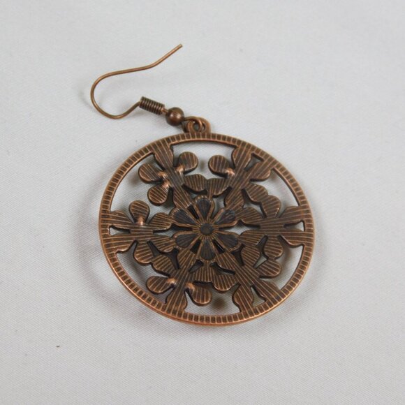 Flower Power Boho Bronze Tone Round Drop Earrings Multicolor Cutout 2.25" Dia - Picture 6 of 7